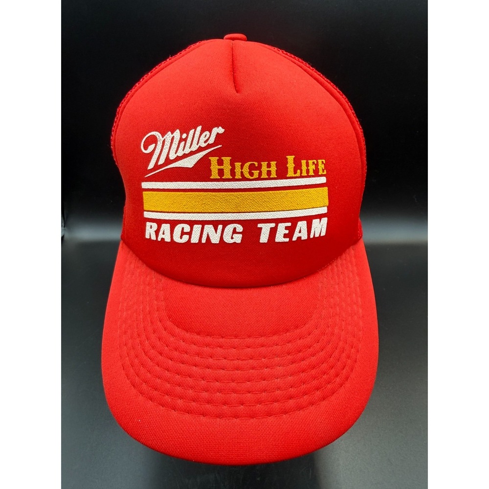 Vintage Miller High Life Racing Team Hat Cap Snap Back Red Mesh Trucker Mens 80s